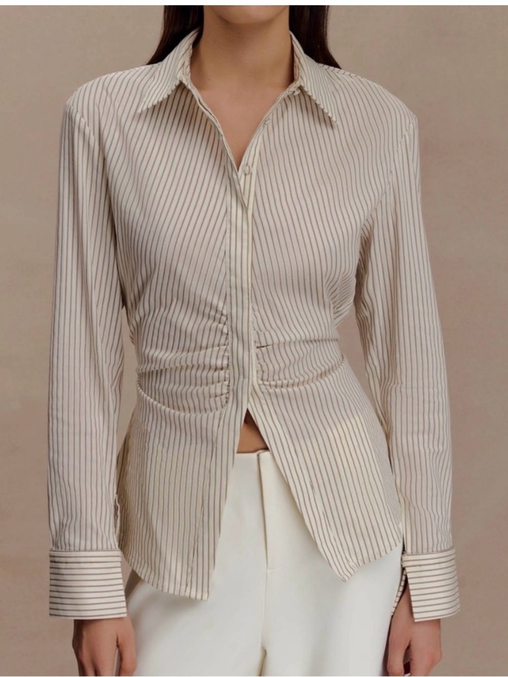 MESHKI MILLIE BROWN STRIPED TIE BACK SHIRT